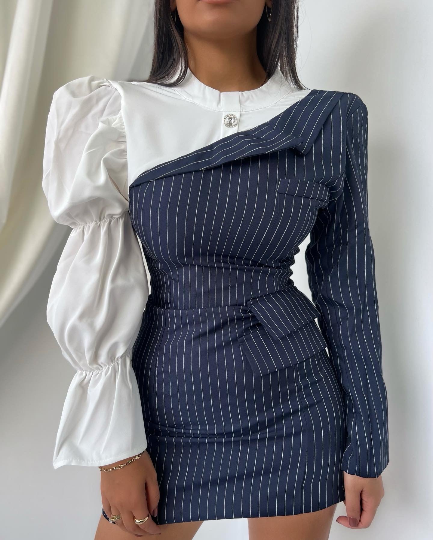 Asymmetric Pinstripe Mini Dress with Statement Sleeve