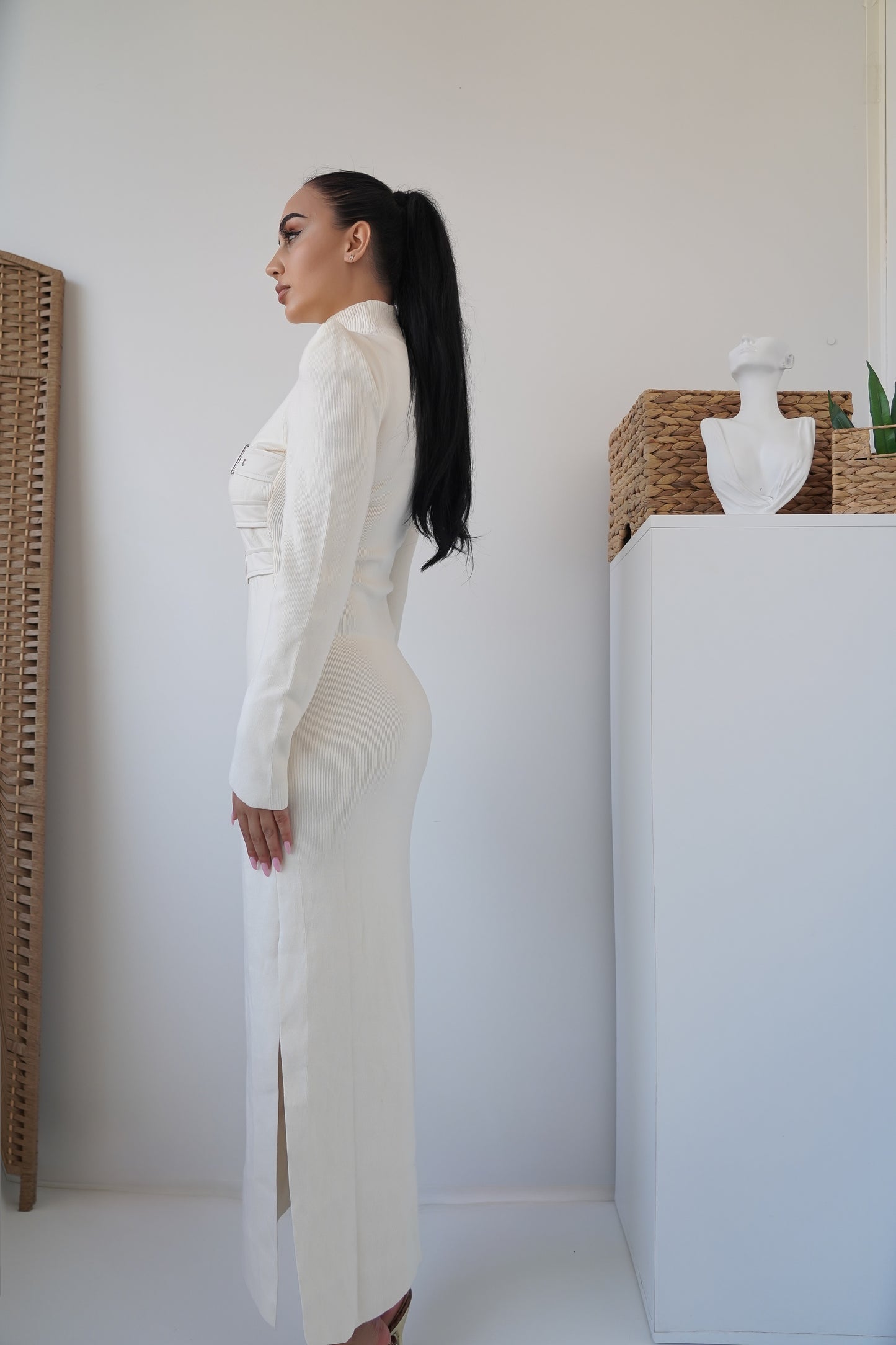 This chic cream-colored midi dress