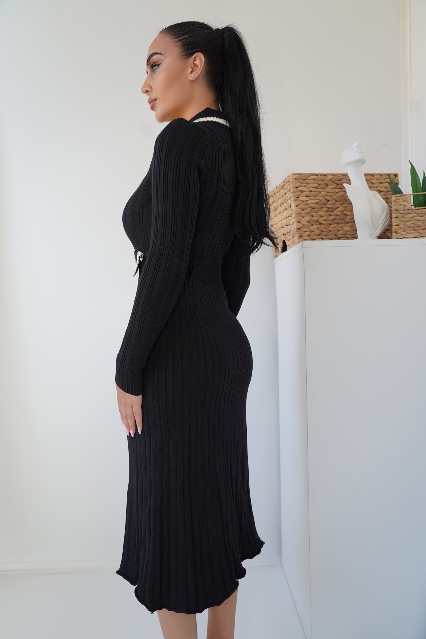 Black knit midi dress with gold