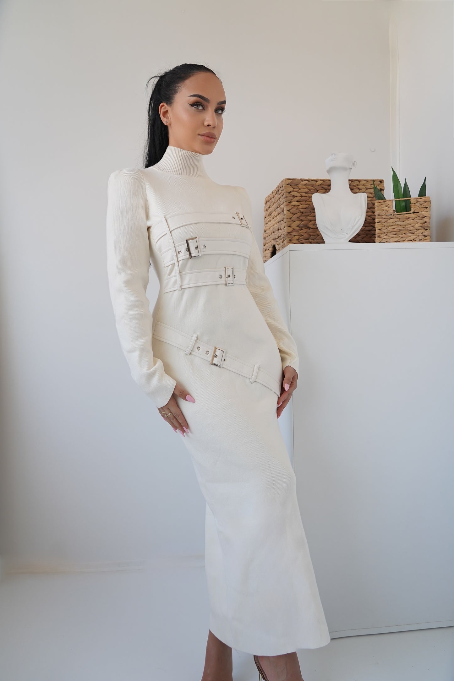 This chic cream-colored midi dress