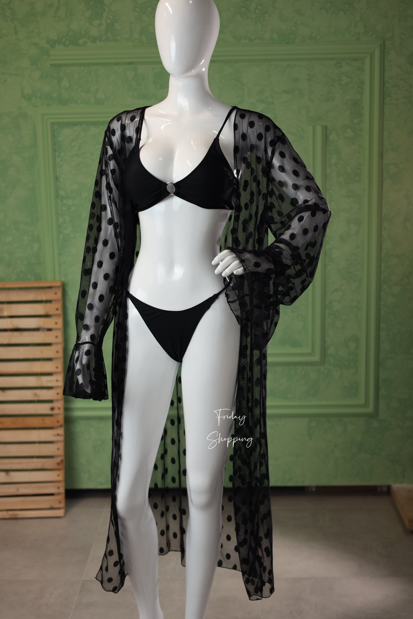 Black Bikini Set with Sheer Polka Dot Cover-Up 3pcs