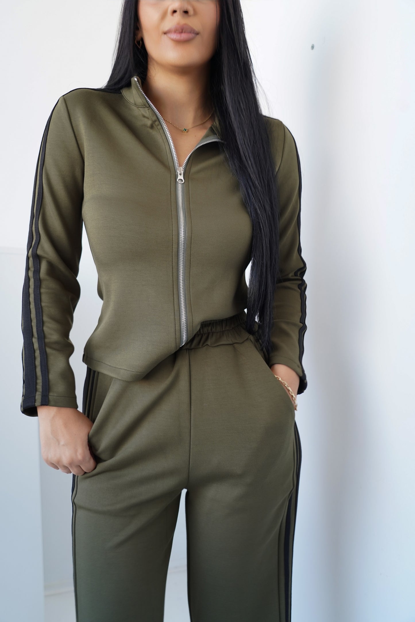 Women’s Two-Piece Set – Olive Green with Black Stripes
