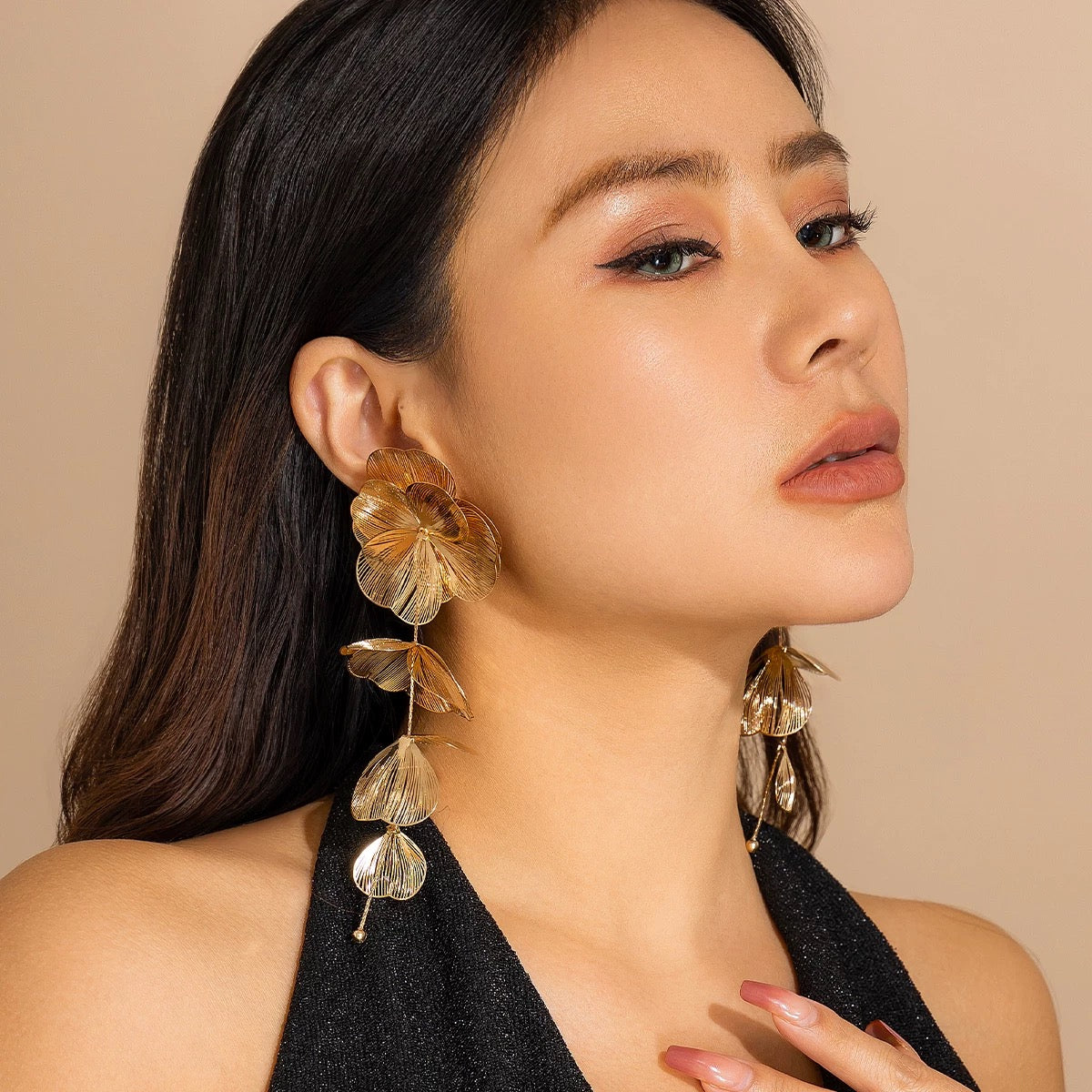 Luxury Gold Long Floral Statement Earring