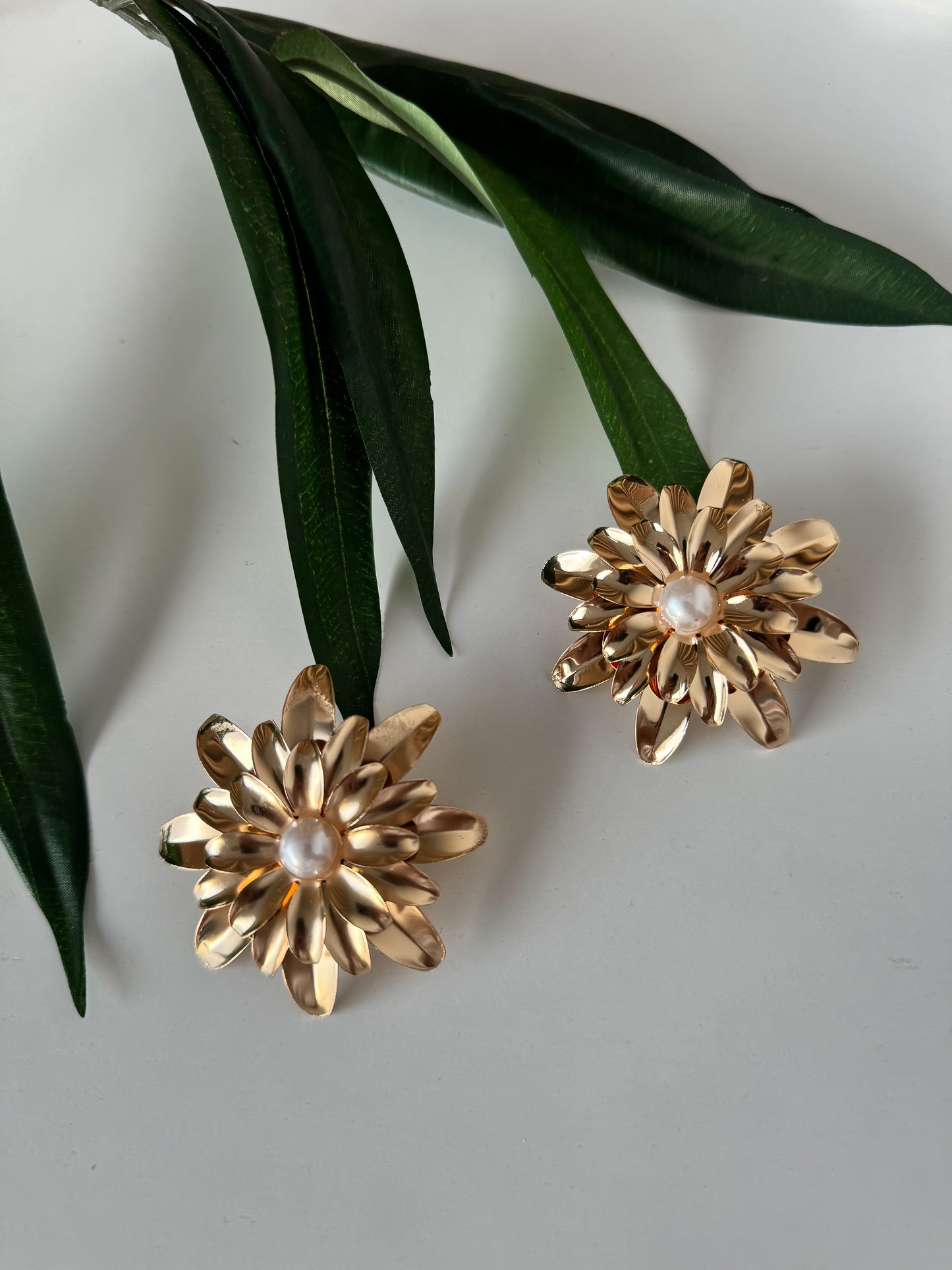 Statement Gold Flower Earrings with Pearl Center