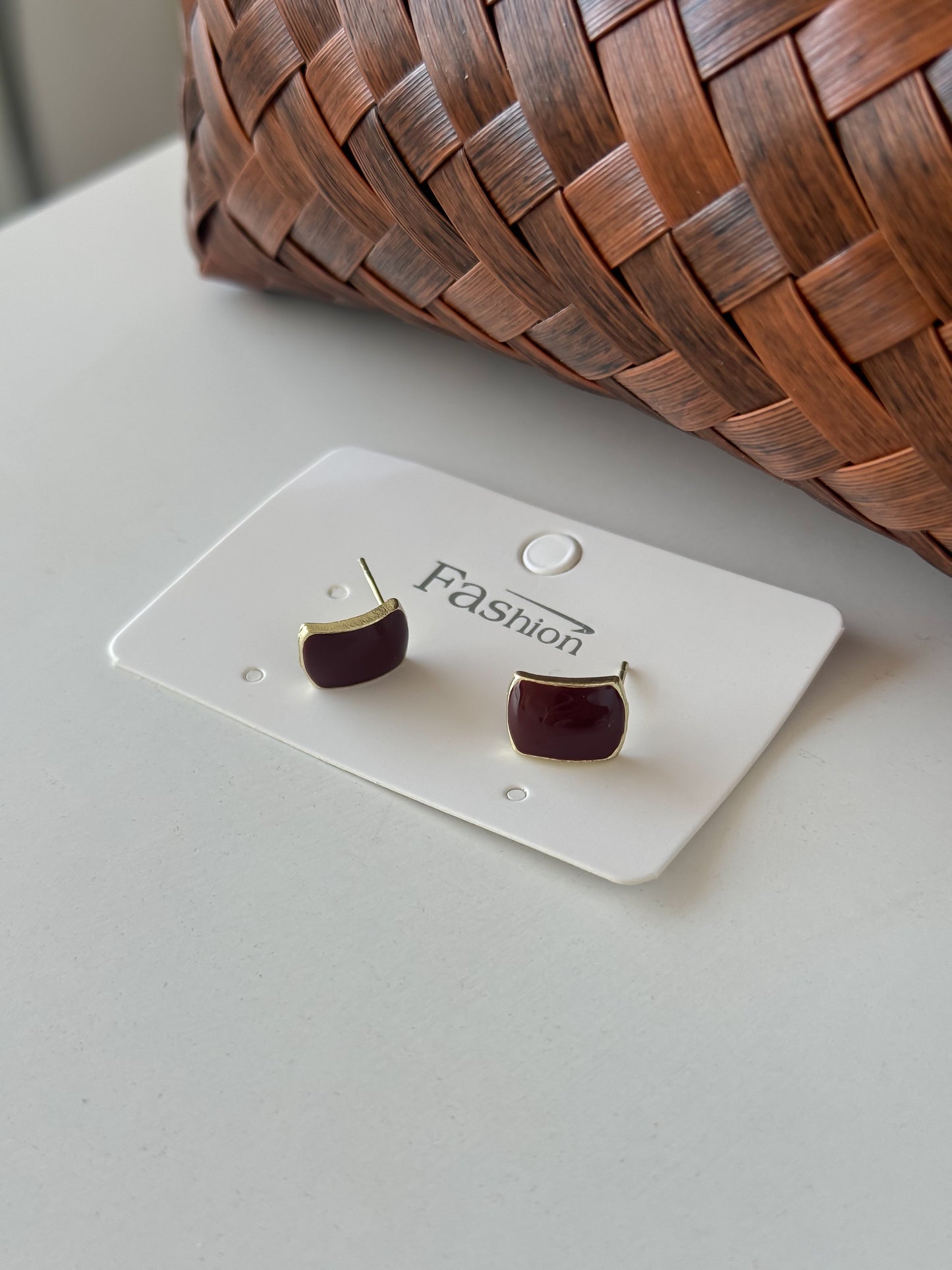 Minimalist Burgundy Stud Earrings with Gold Trim