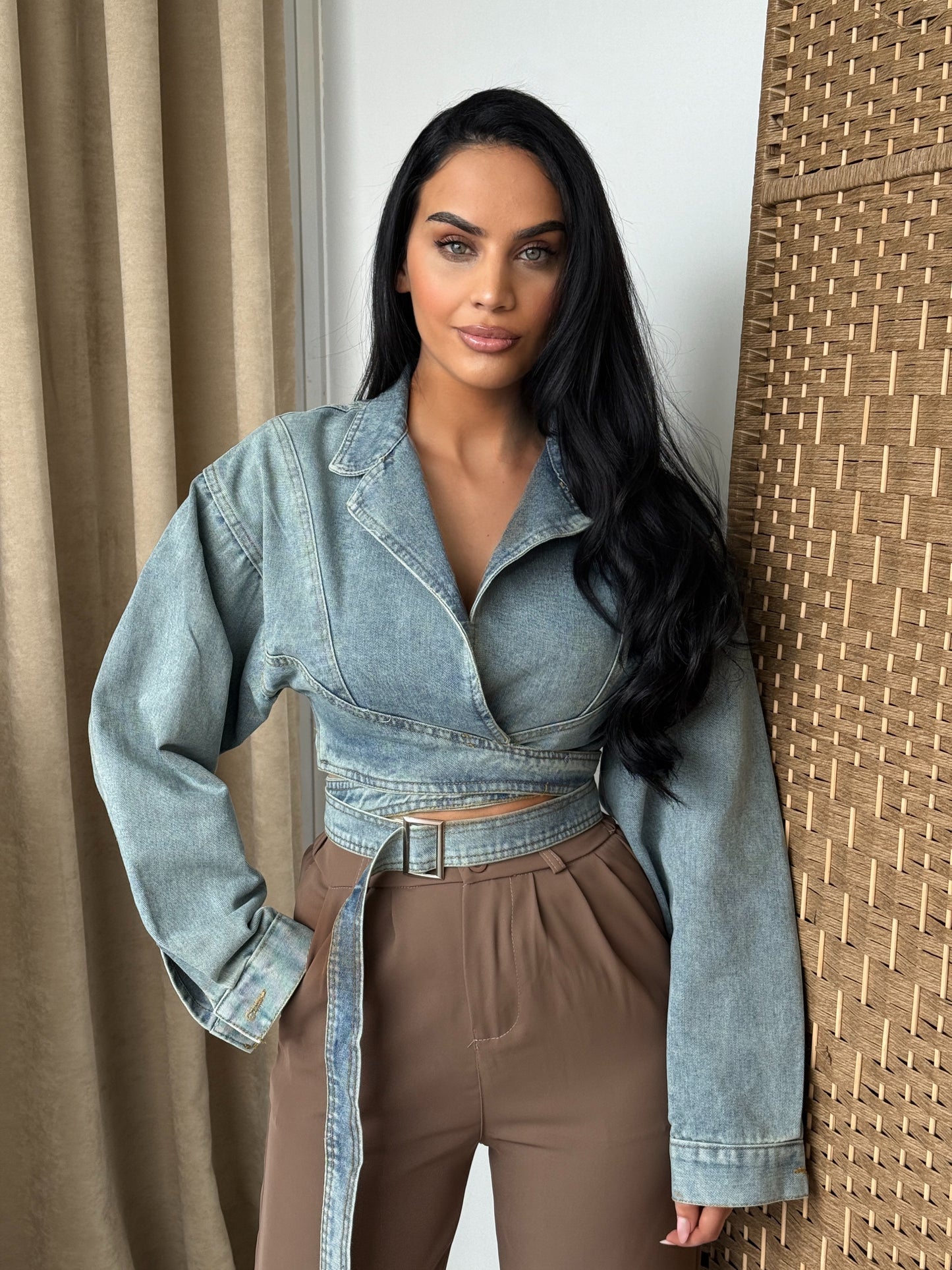 Denim jacket with a deep V-neck