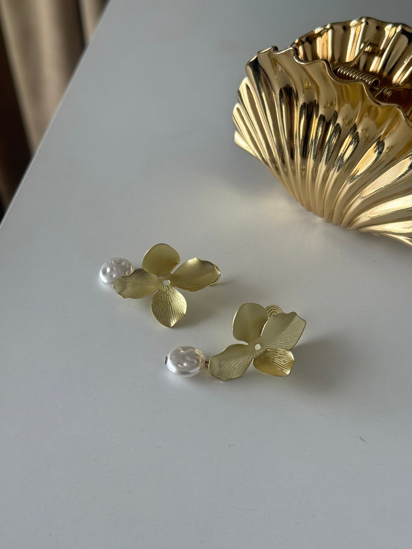 Gold Floral Drop Earrings with Pearl Detail