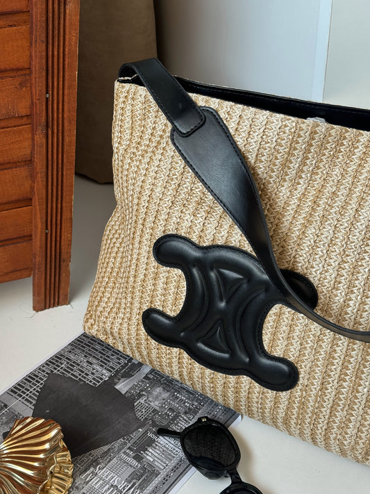 Elegant Woven Straw Shoulder Bag with Black Leather Accent