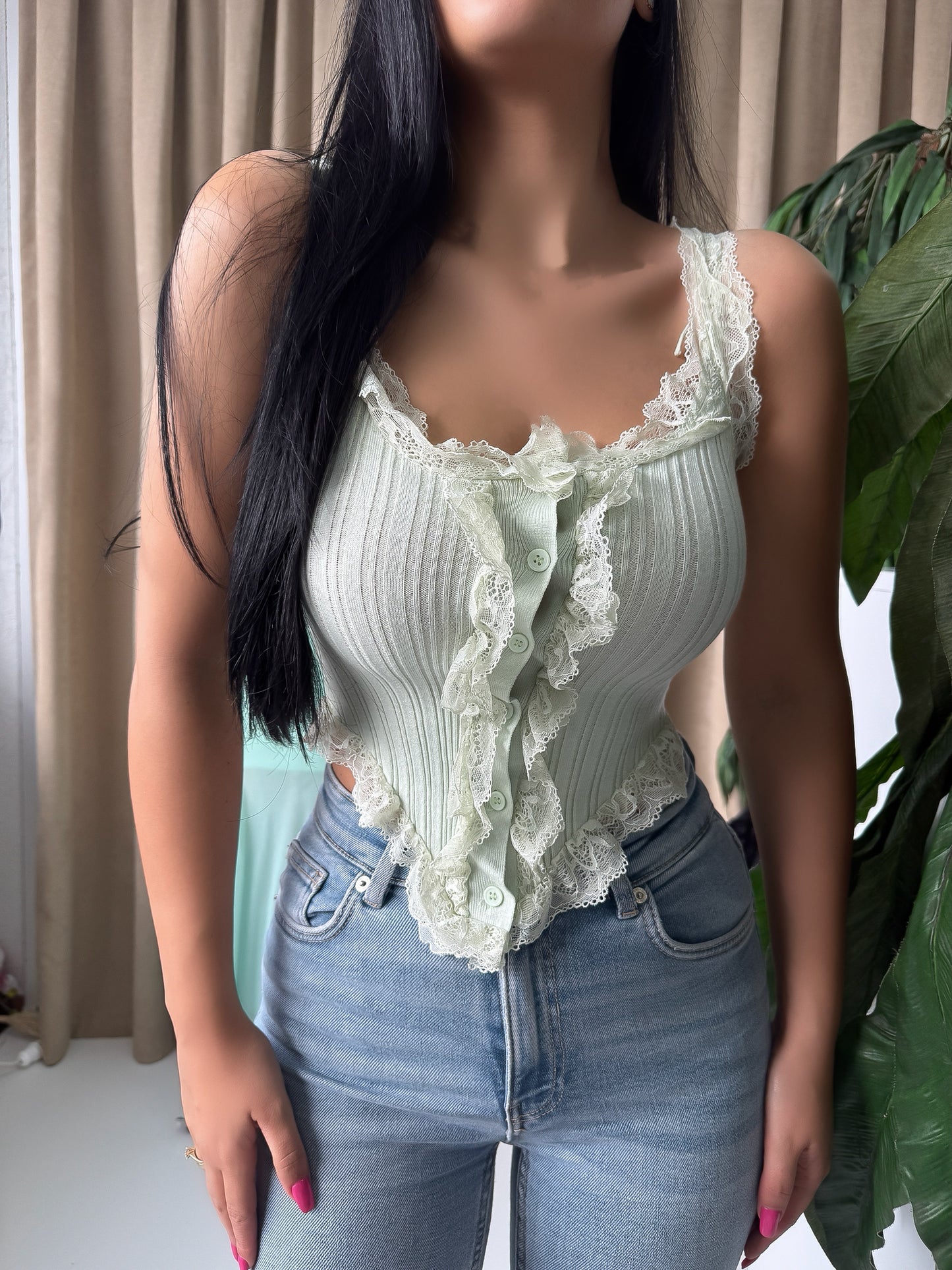 Mint Ruffle Lace Trim Tank Top