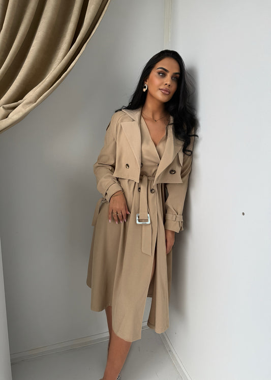 Two-piece set featuring a stylish dress and matching trench-style jacket.