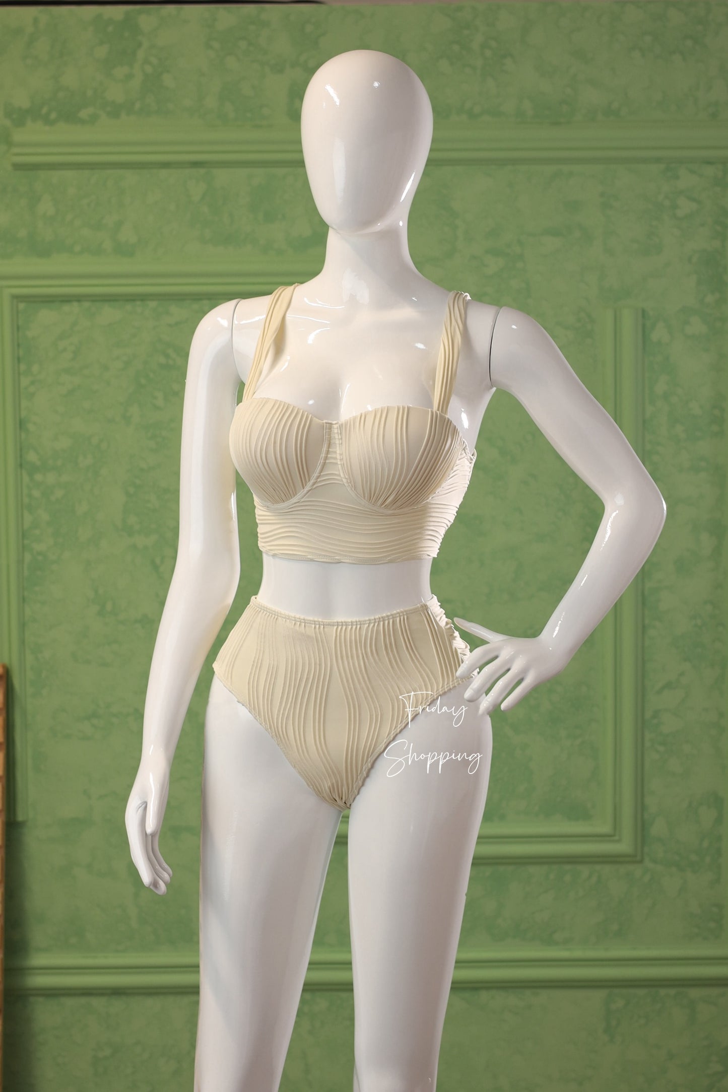 High-Waisted Pleated Bikini – Cream Edition