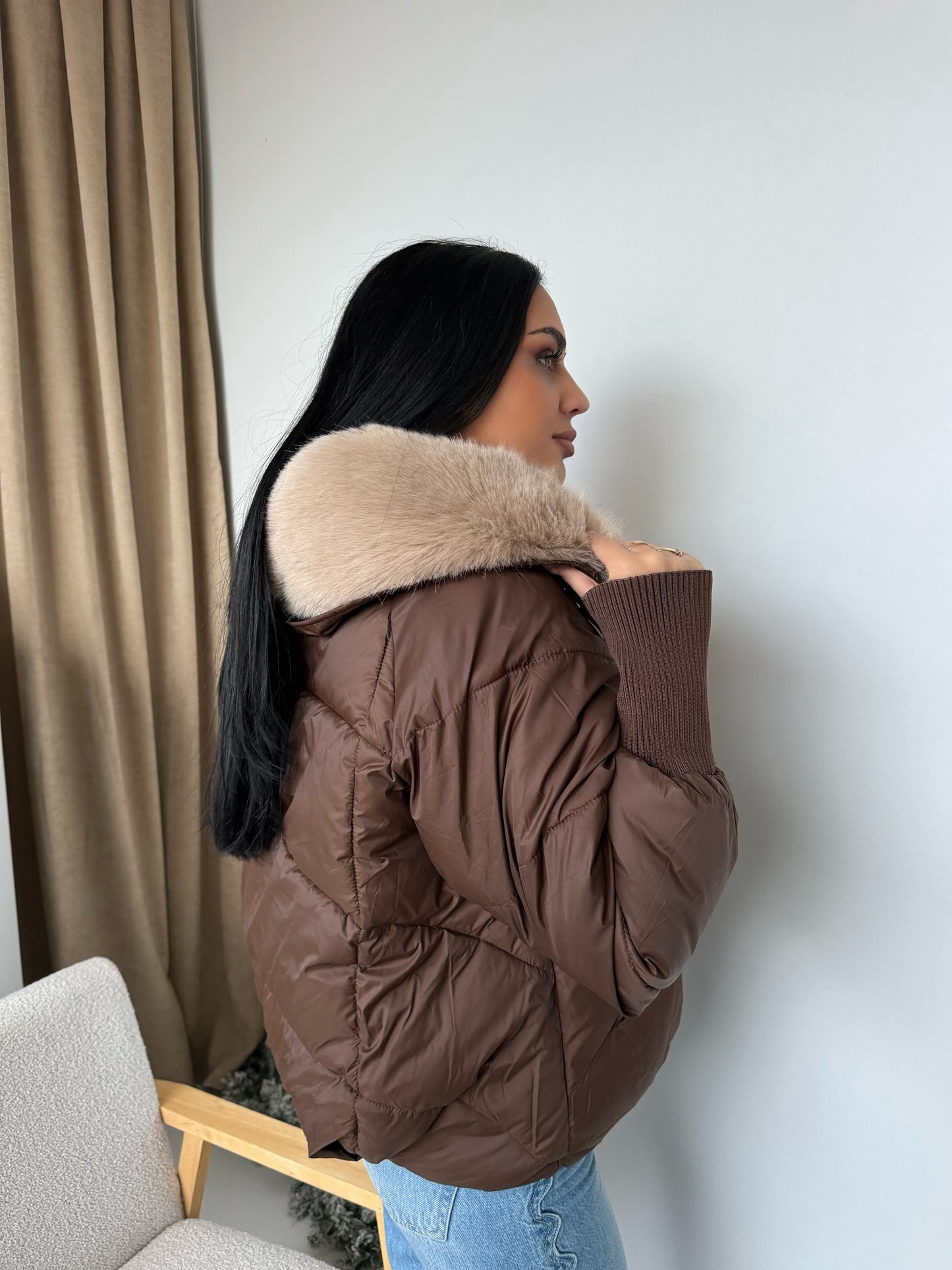 Puffer Jacket with Faux Fur Collar – Black & Brown