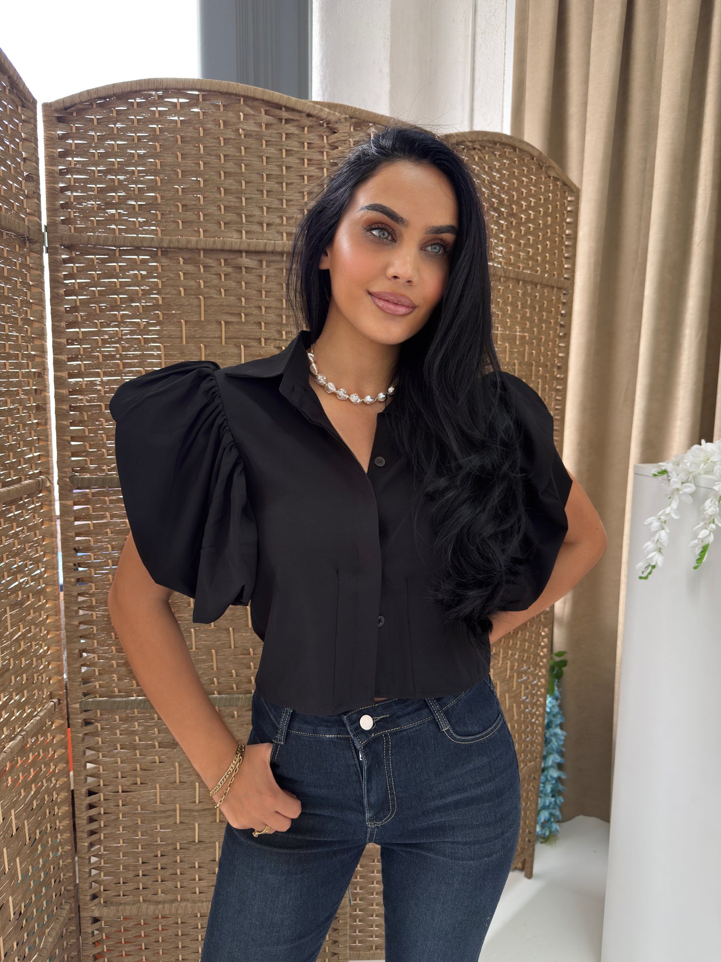 Elegant Puff Sleeve White & Black Blouse