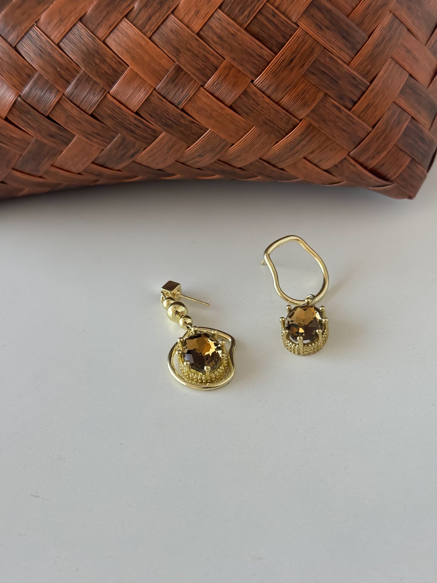 Gold Drop Earrings with Amber Stone Accent