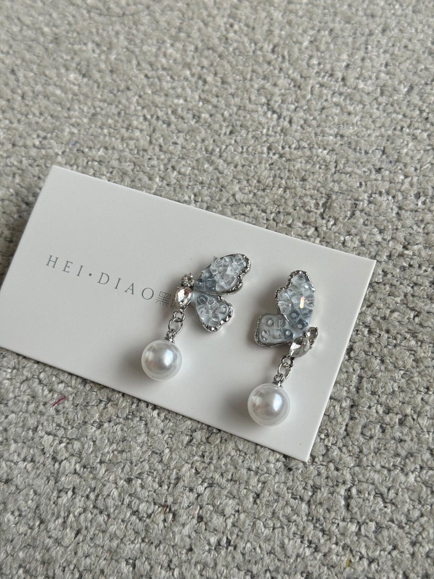 Butterfly Earrings Blue Crystal Pearl
