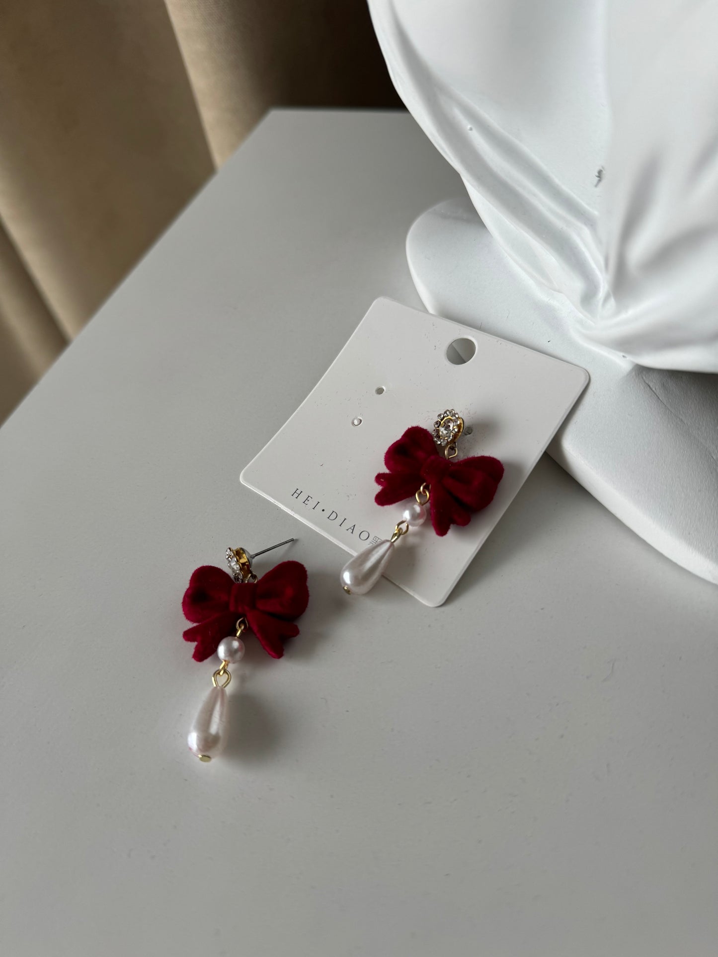 Red Velvet Bow & Pearl Drop Earring