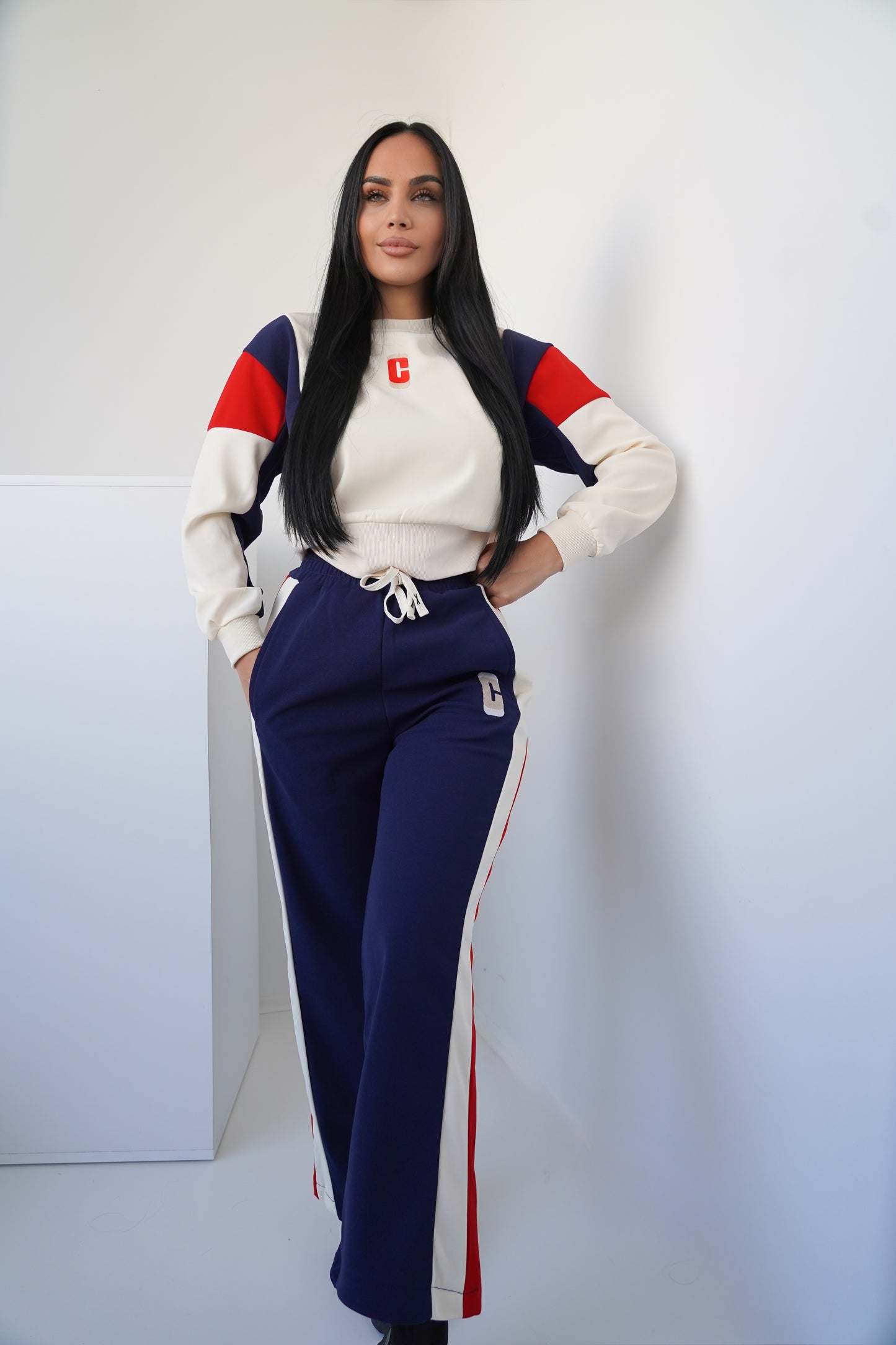 Women’s Two-Piece Set – Navy & White with Red Details