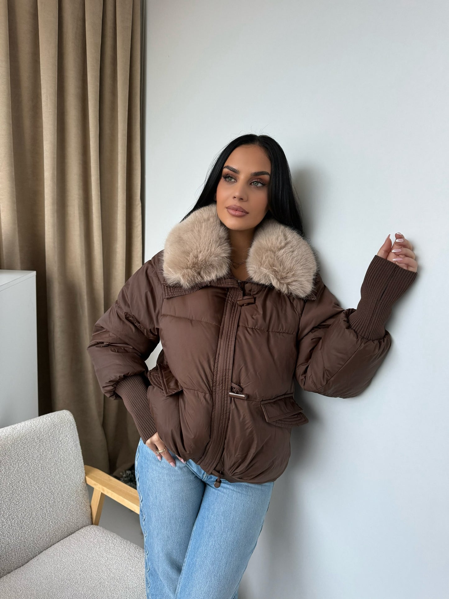 Puffer Jacket with Faux Fur Collar – Black & Brown
