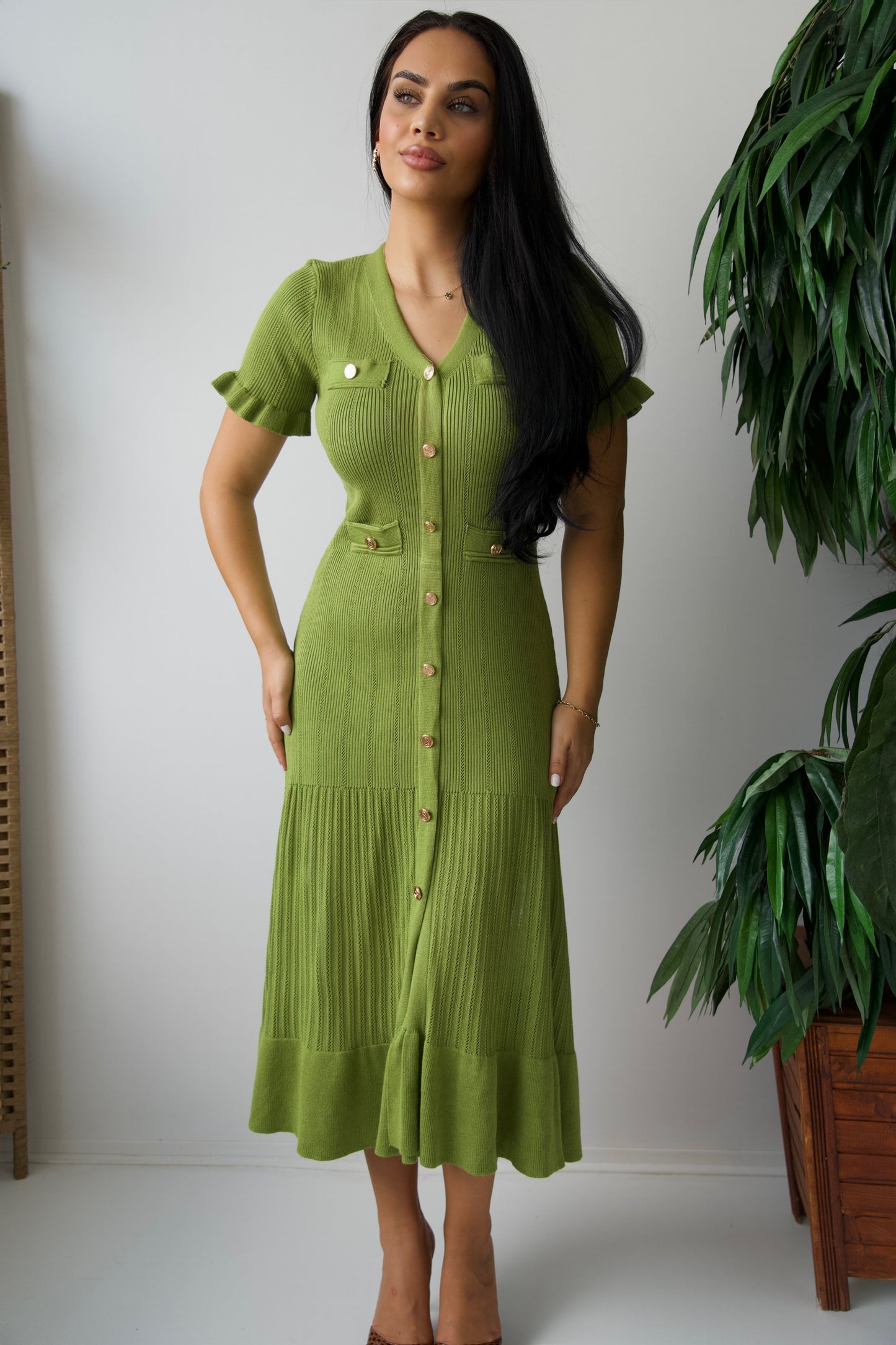 Green Dress with Decorative Buttons