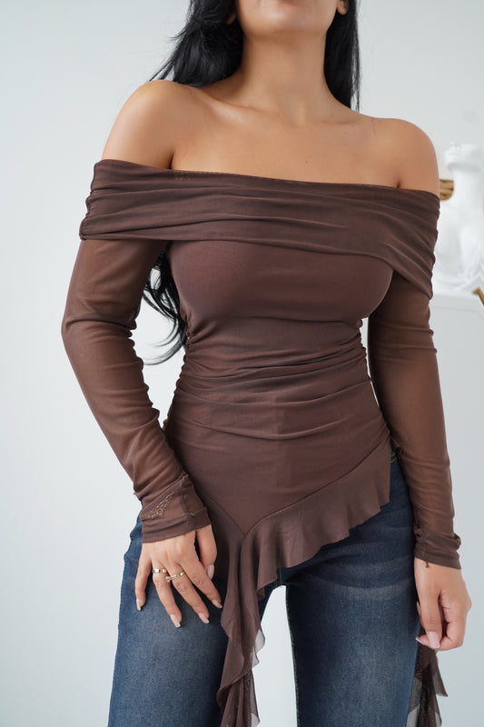 Elegant off-shoulder blouse in rich chocolate brown