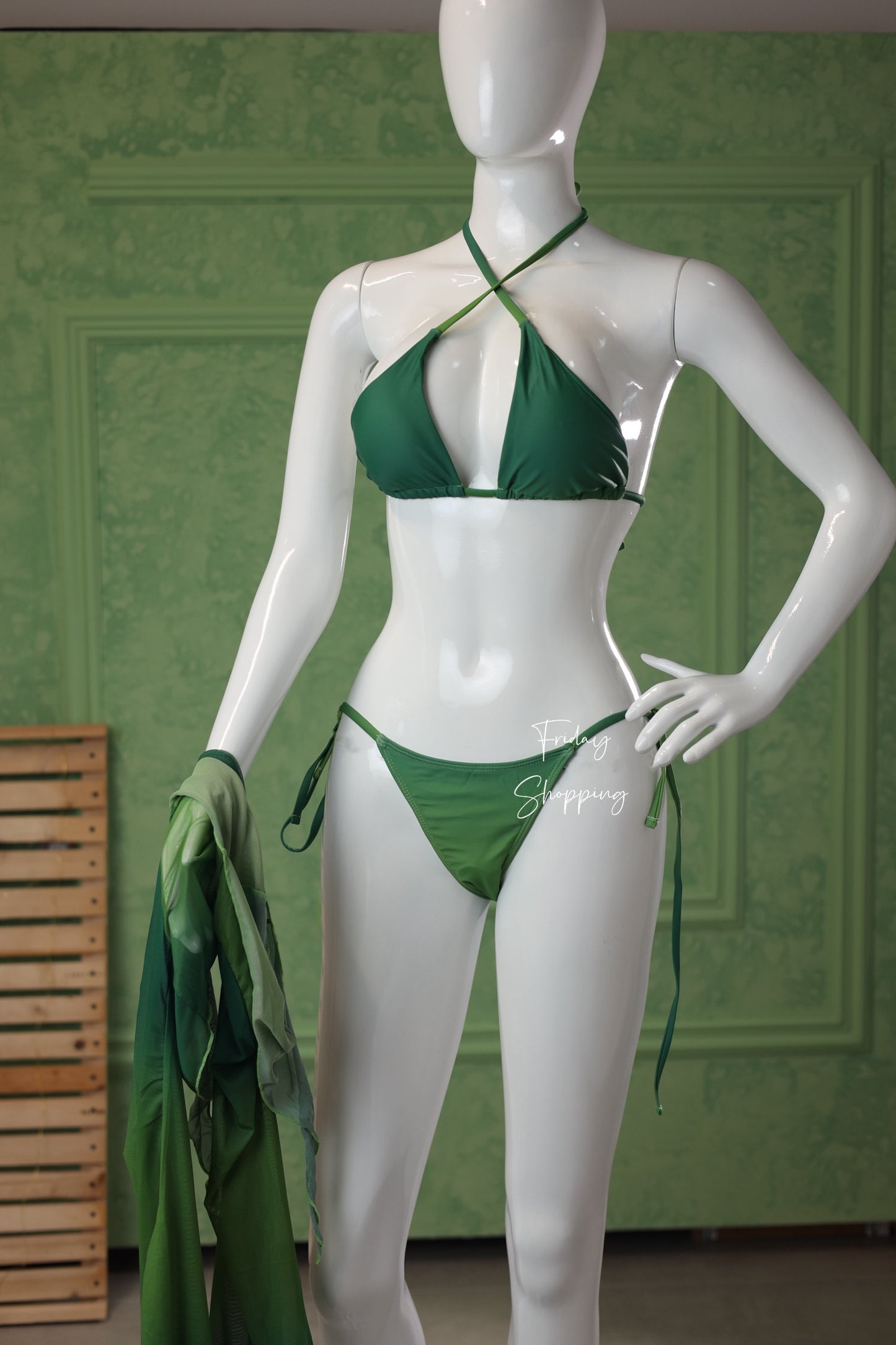 Emerald Green 3-Piece Bikini Set with Sheer Top