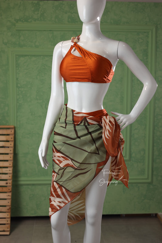 Black Bikini with Geometric Pareo Wrap Set 3pcs