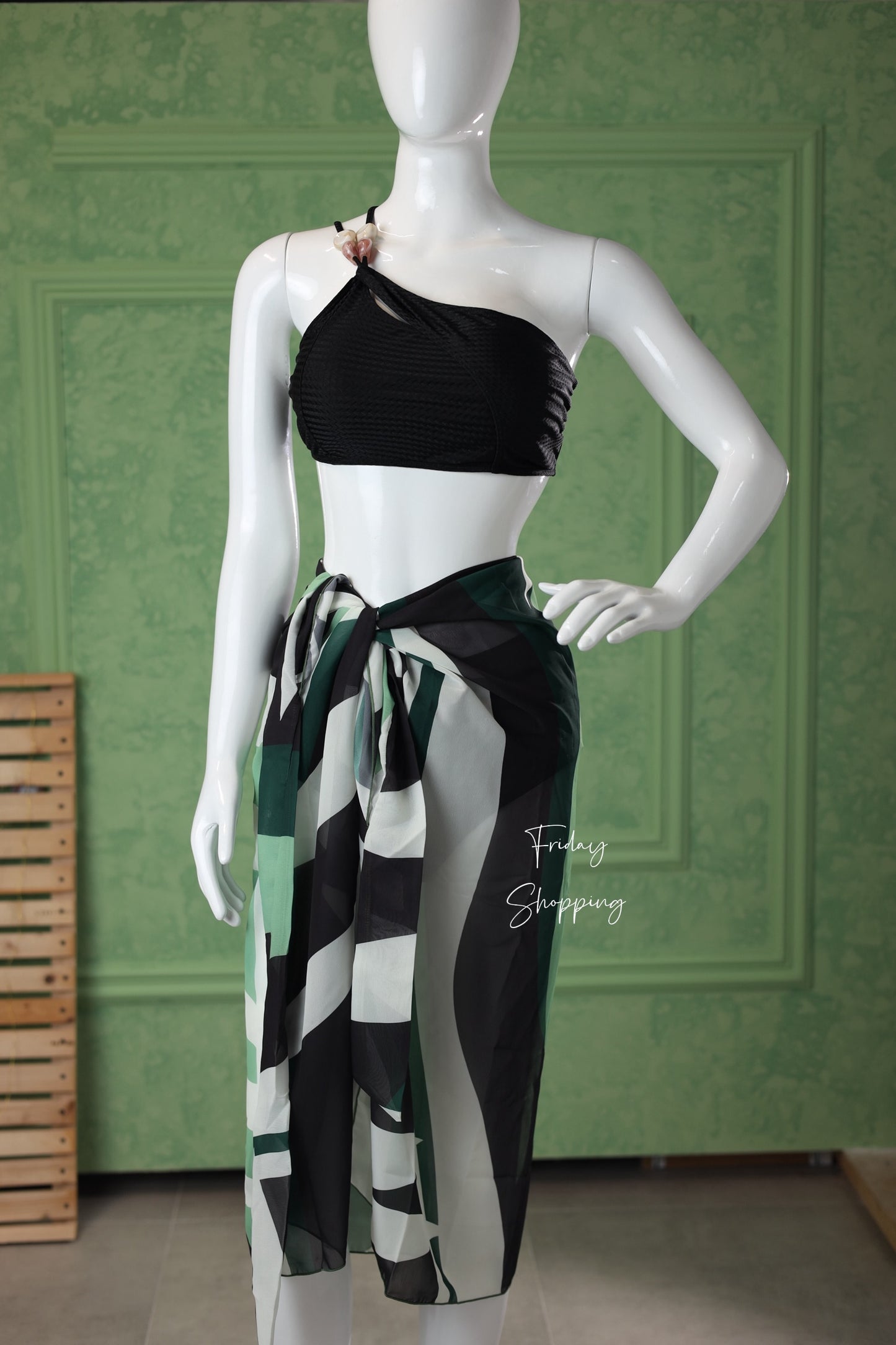 Black Bikini with Geometric Pareo Wrap Set 3pcs