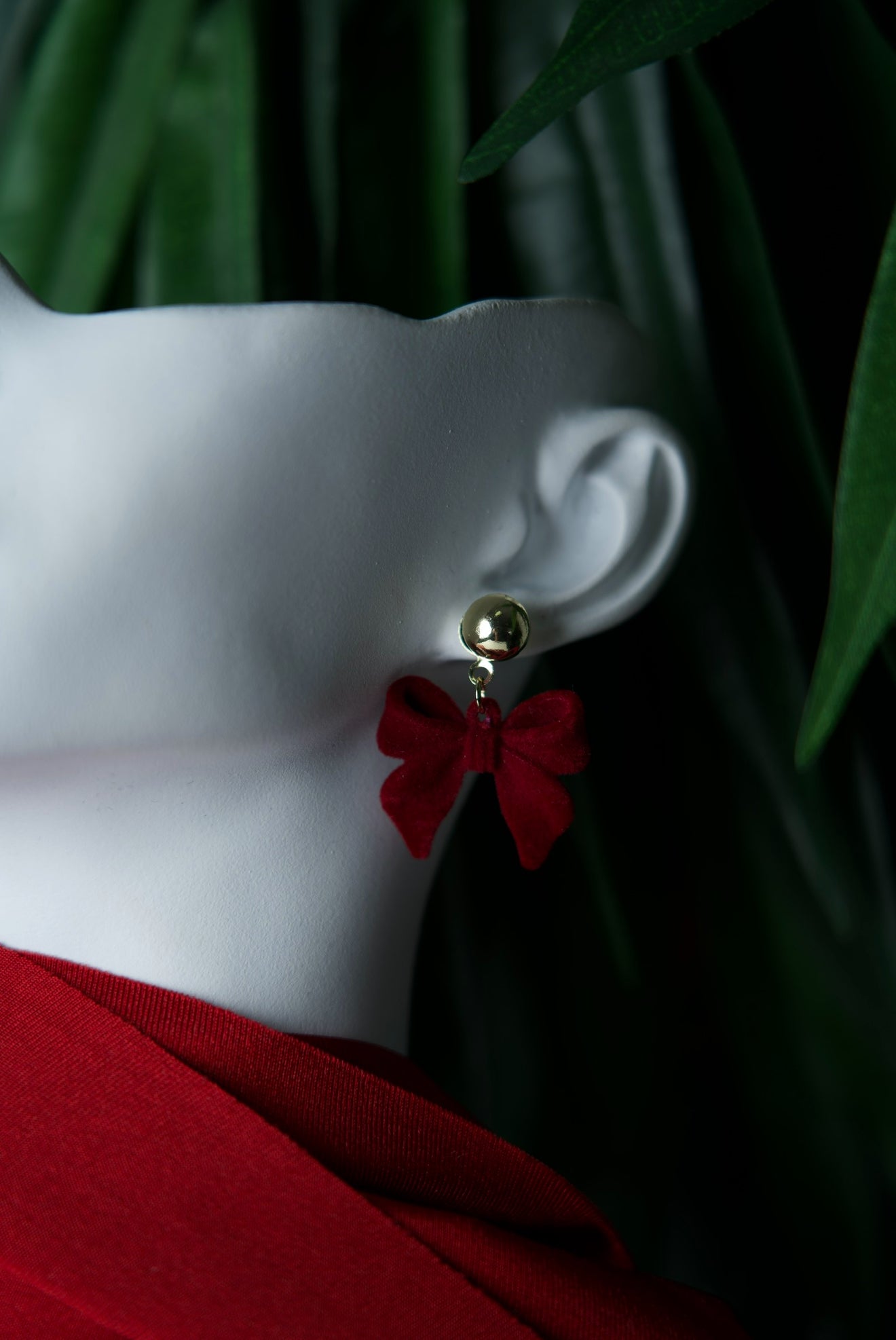 Elegant Red Velvet Bow Earrings with Gold Stud