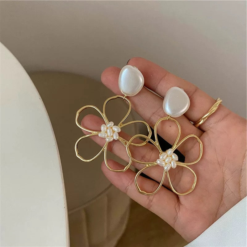 Statement Pearl Flower Drop Earrings
