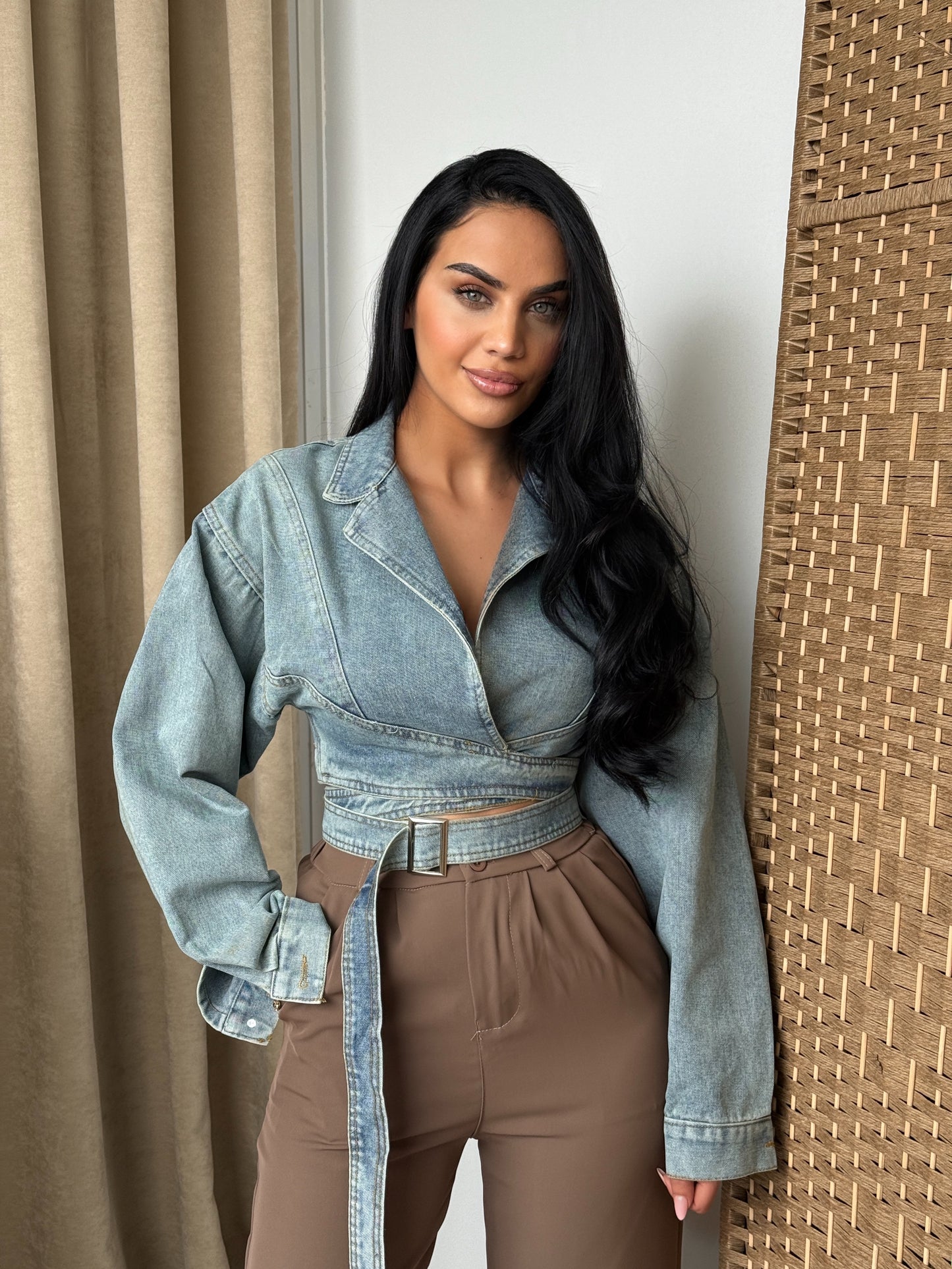 Denim jacket with a deep V-neck