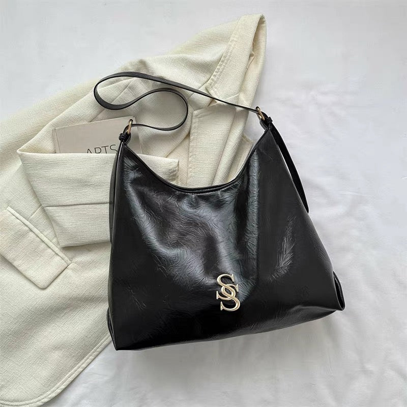 Black Leather Shoulder Bag with Gold Monogram