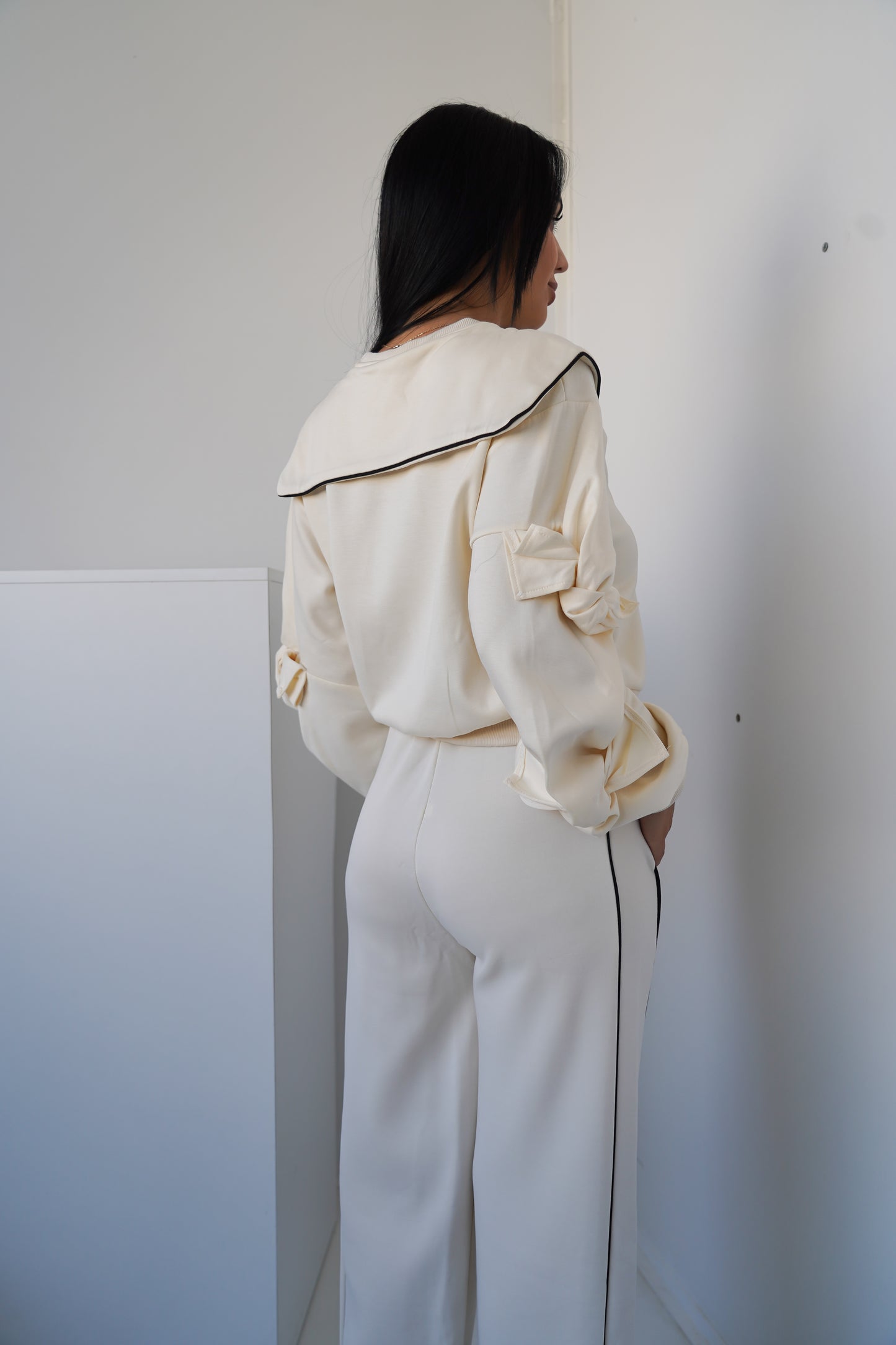 Women’s Two-Piece Set – Cream with Black Piping