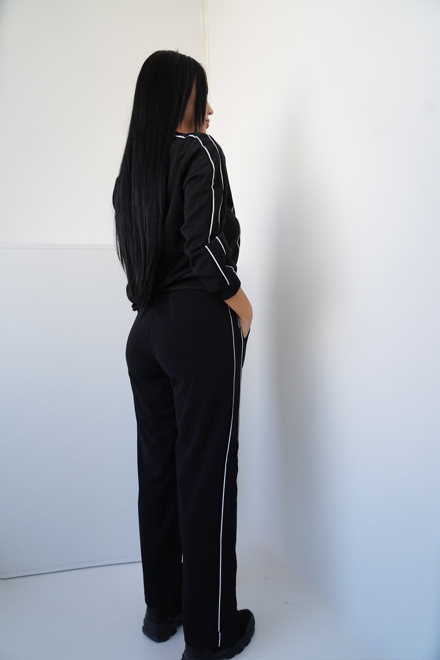 Women’s Two-Piece Set – Black with White Piping