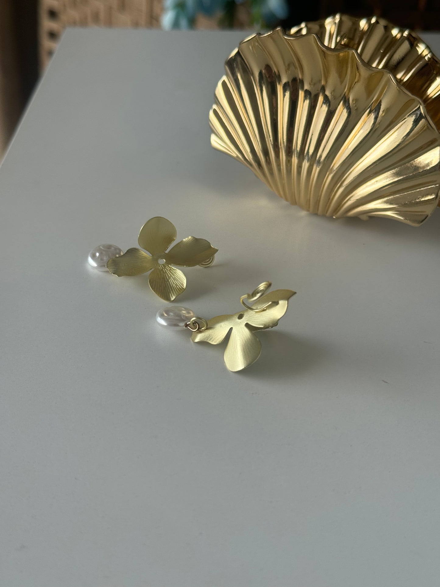 Gold Floral Drop Earrings with Pearl Detail