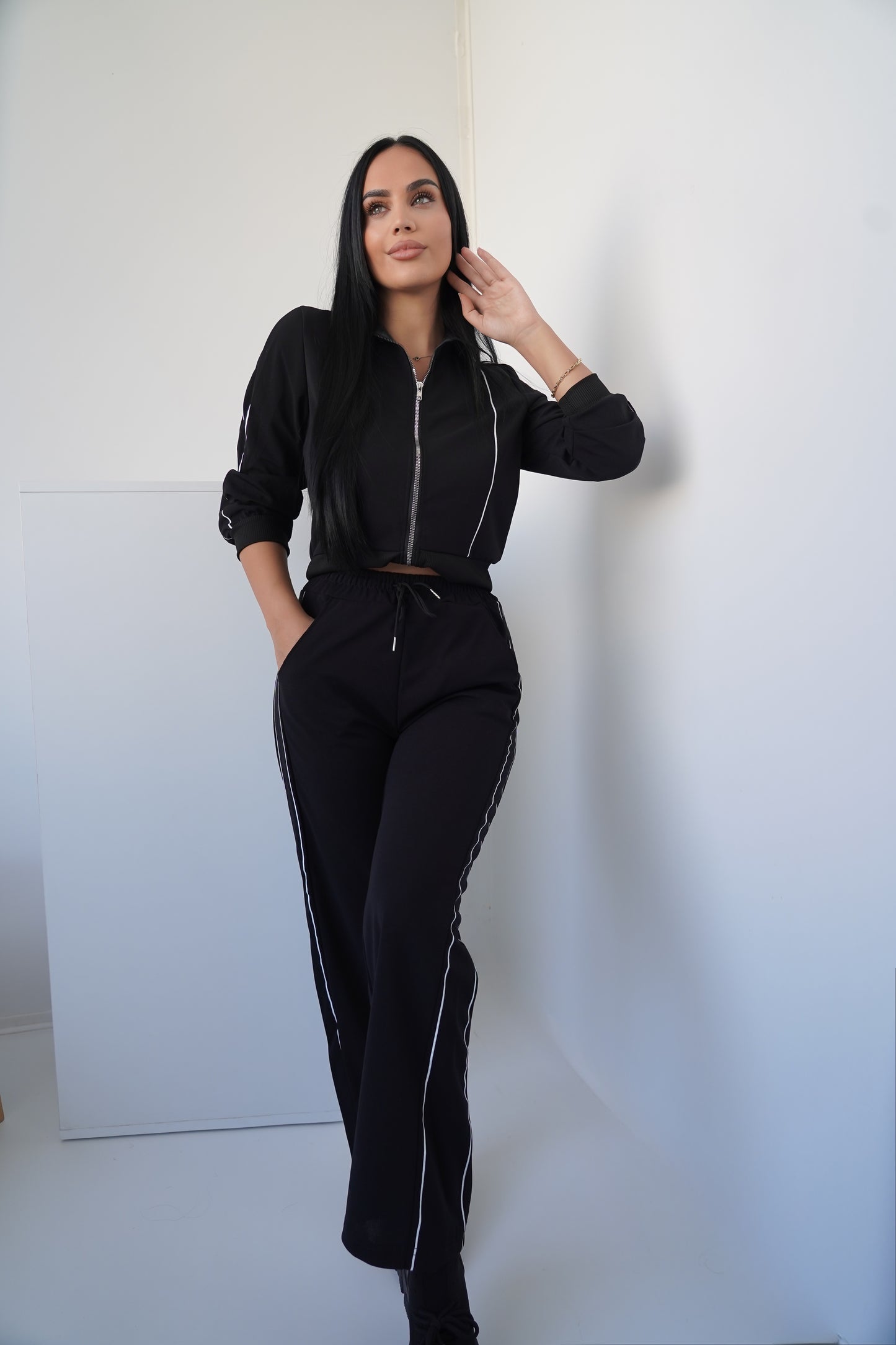 Women’s Two-Piece Set – Black with White Piping