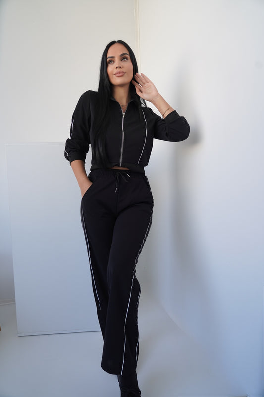 Women’s Two-Piece Set – Black with White Piping