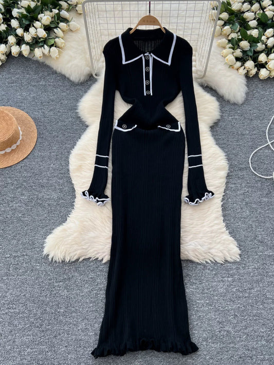 This elegant long black dress is designed with a slim fit