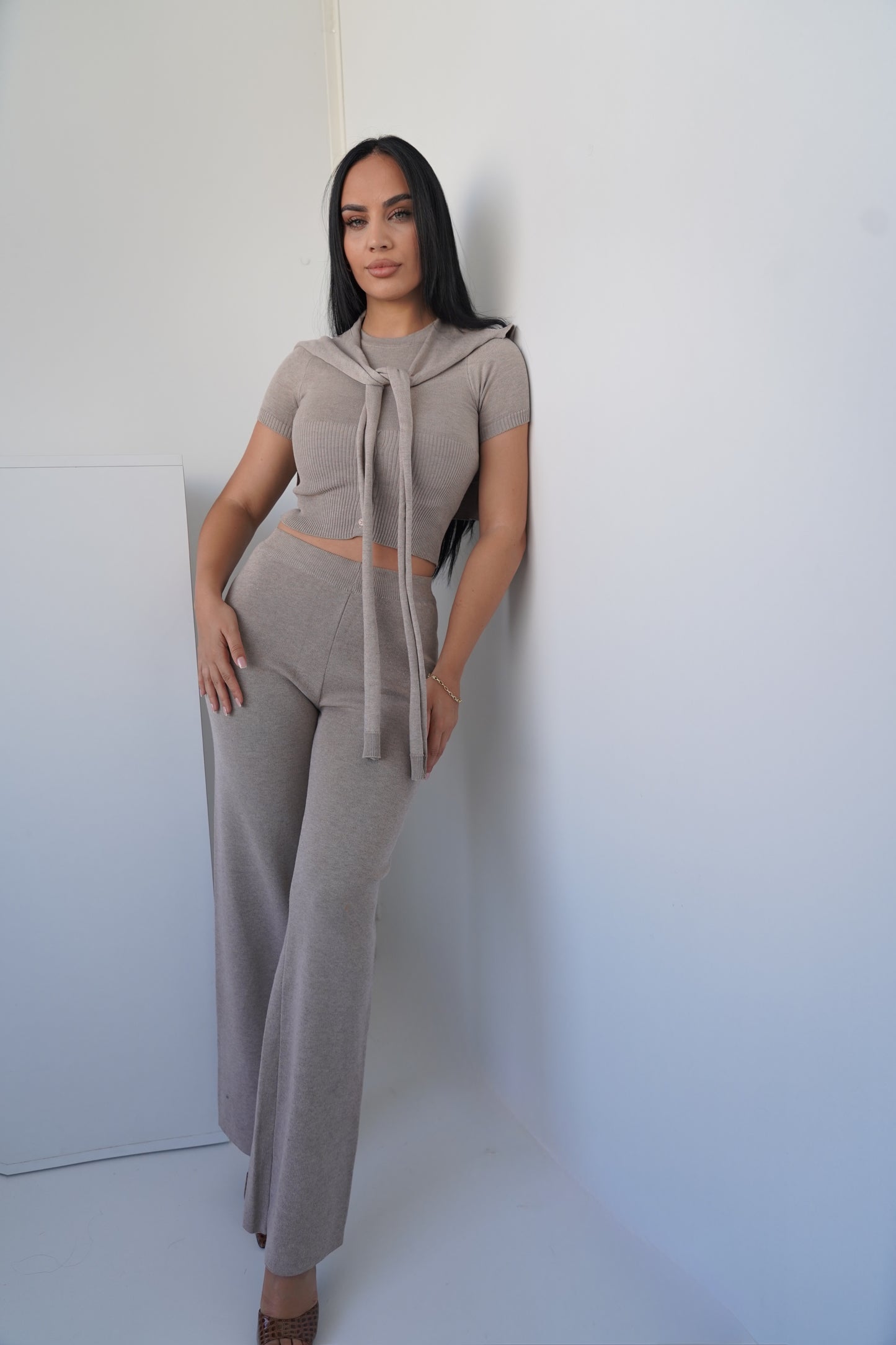 This modern and stylish two-piece set features a short-sleeve crop top with a tied scarf detail at the neckline, paired with high-waisted wide-leg pants.