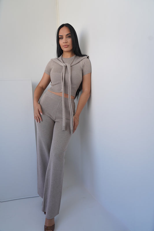 This modern and stylish two-piece set features a short-sleeve crop top with a tied scarf detail at the neckline, paired with high-waisted wide-leg pants.