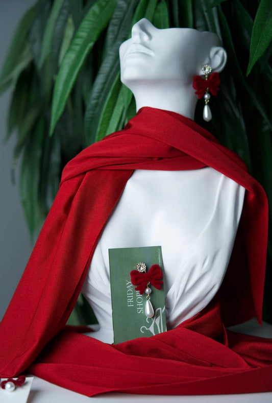 Elegance Red Bow Pearl Earrings
