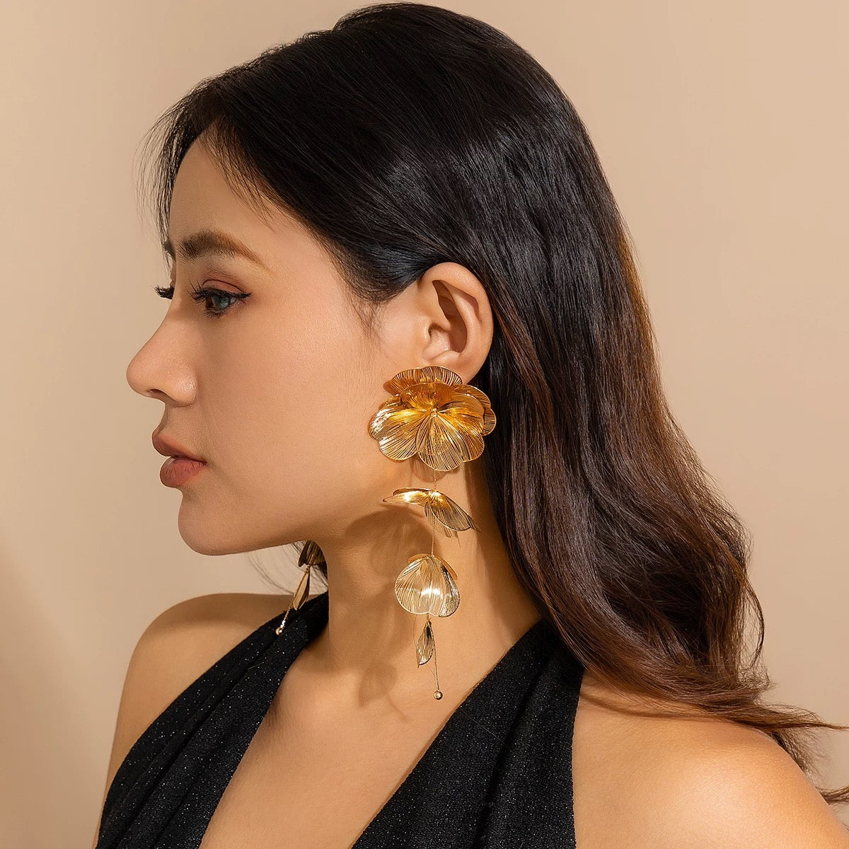 Luxury Gold Long Floral Statement Earring