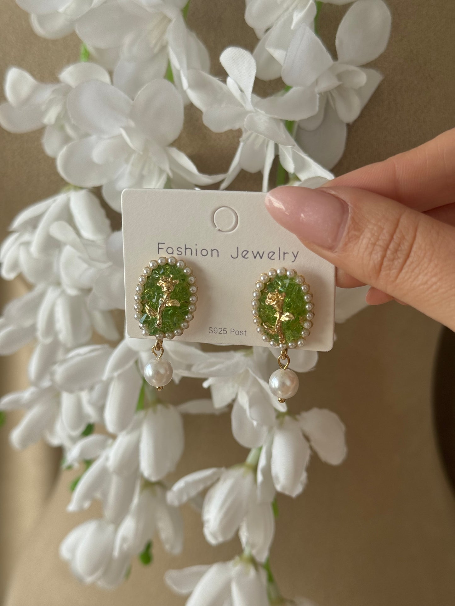 Green Pearl Gold Earrings
