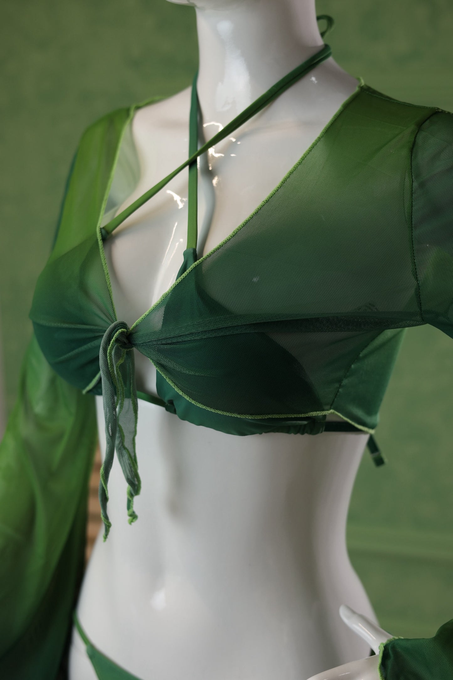 Emerald Green 3-Piece Bikini Set with Sheer Top