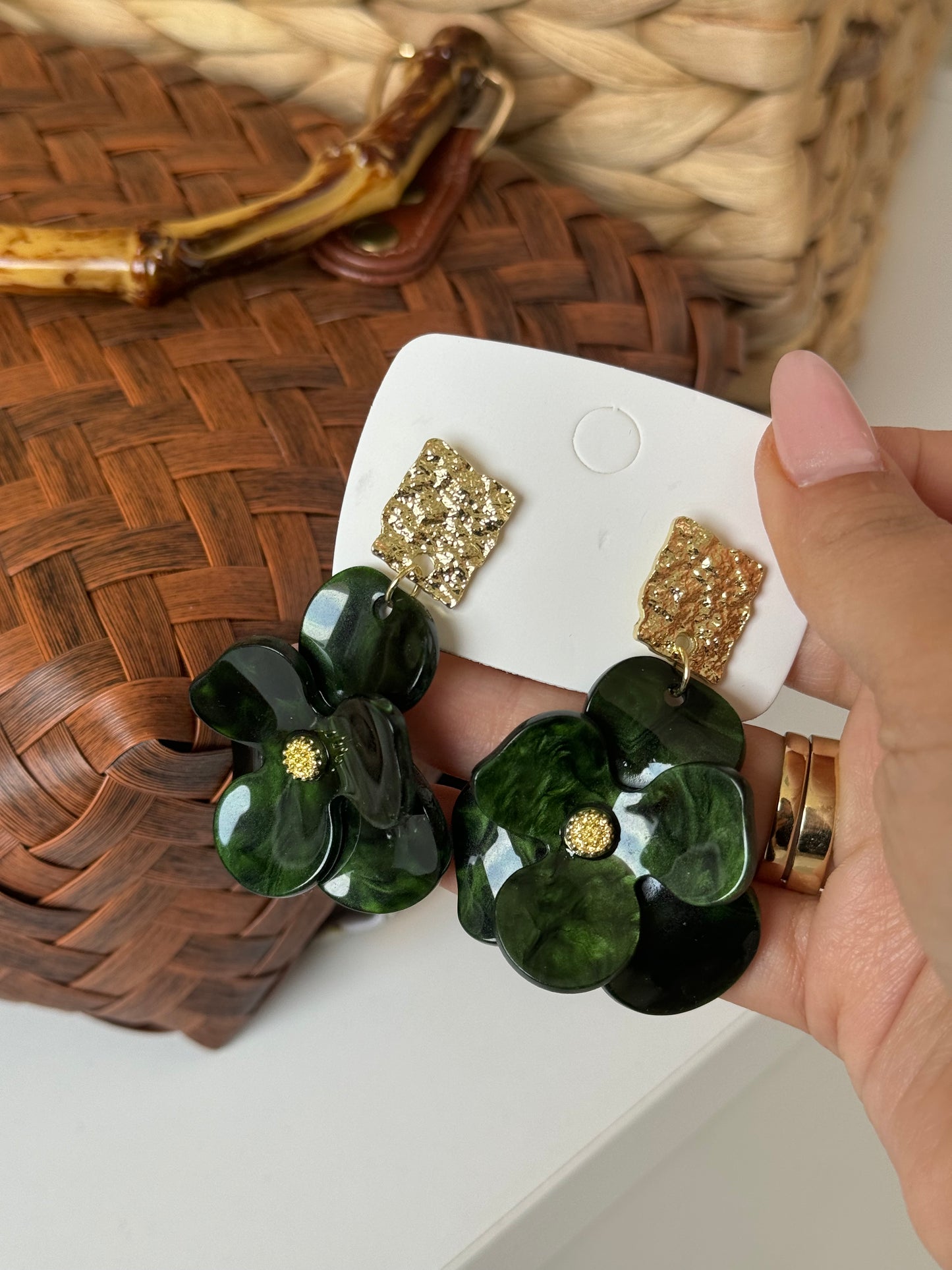 Green & Gold Earrings Flower Design