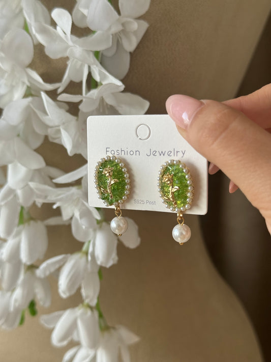 Green Pearl Gold Earrings