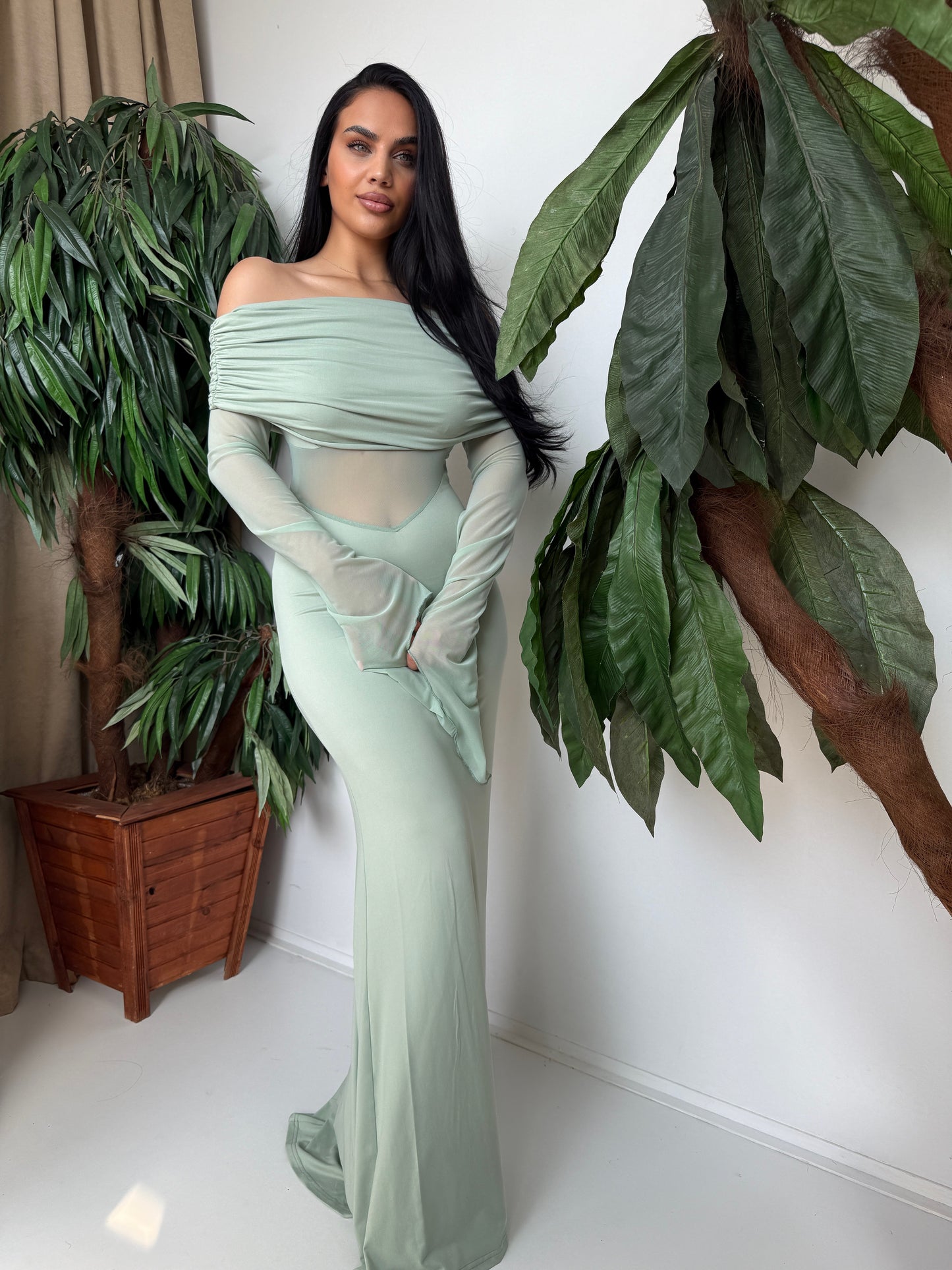 Radiate elegance and grace with this pastel mint long dress.