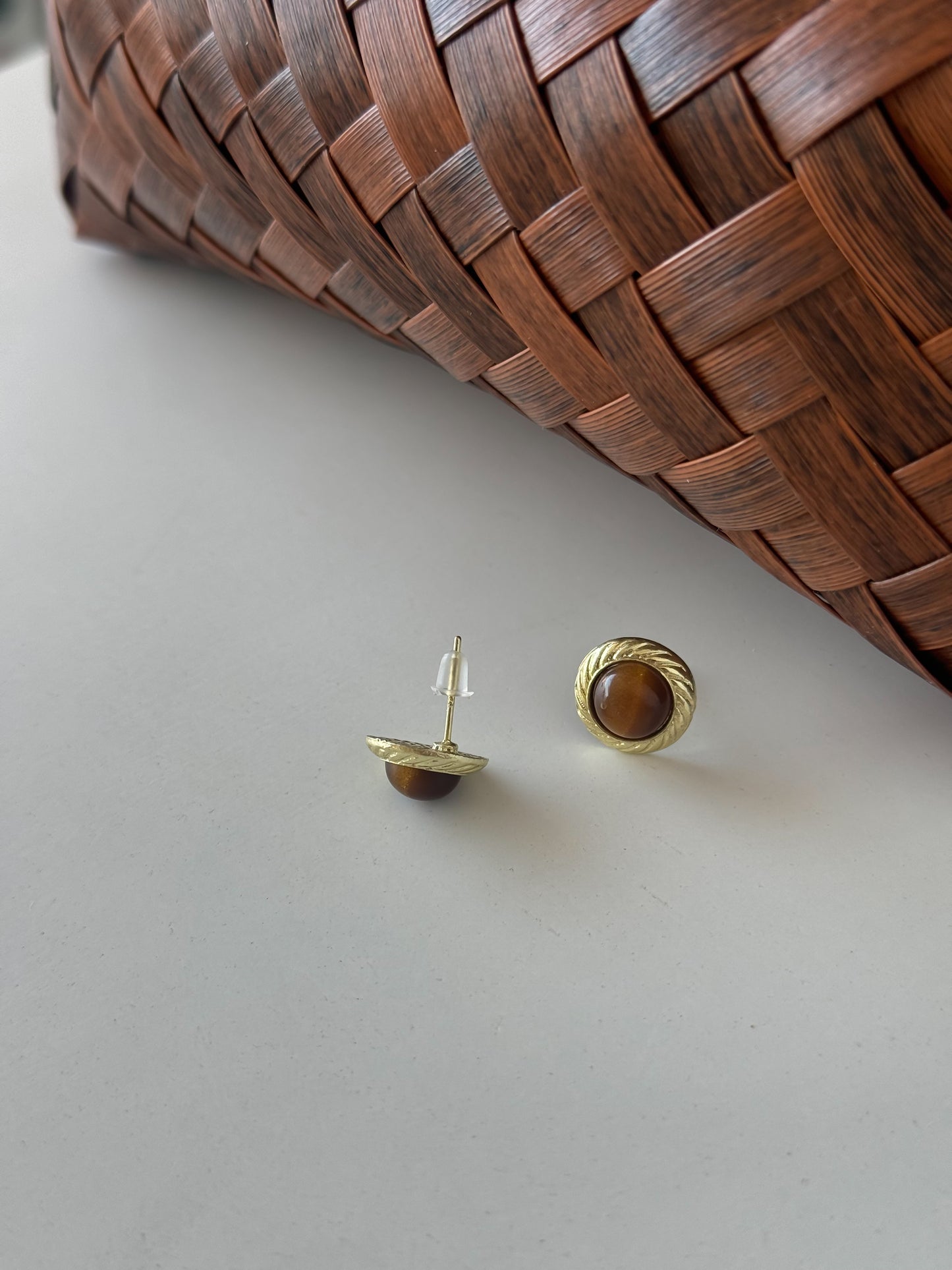 Vintage Gold Stud Earrings with Brown Gemstone