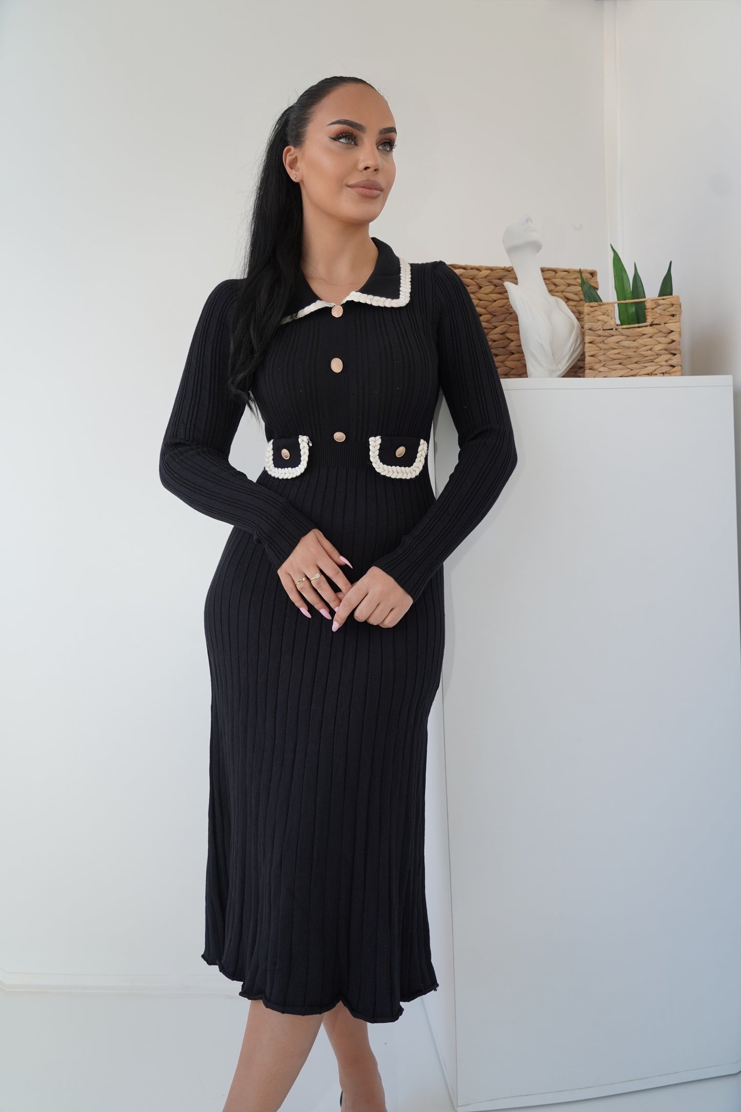 Black knit midi dress with gold