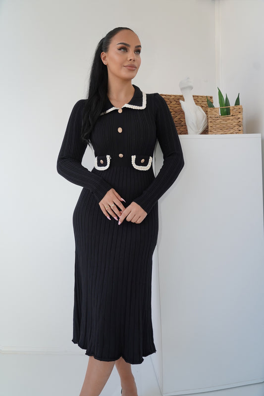 Black knit midi dress with gold