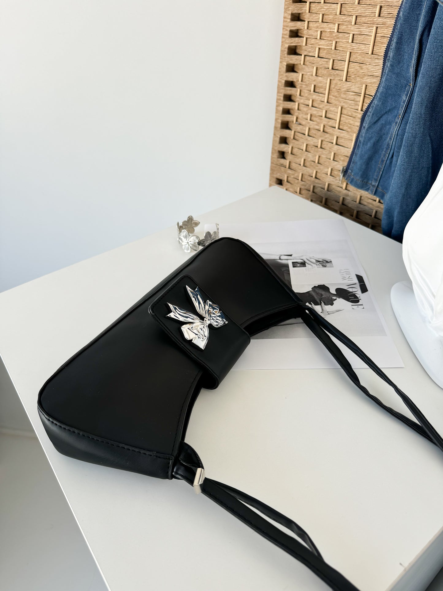 Black Shoulder Bag with Silver Bow Accent